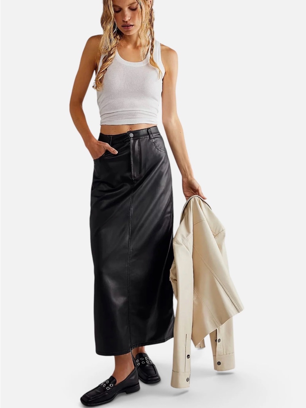Free People Black Faux Leather Maxi Skirt